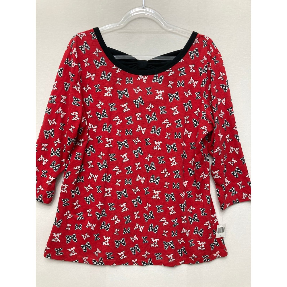 New Disney Parks Minnie Mouse Top XL Red Bow Print 3/4 Sleeve Stretch Knit